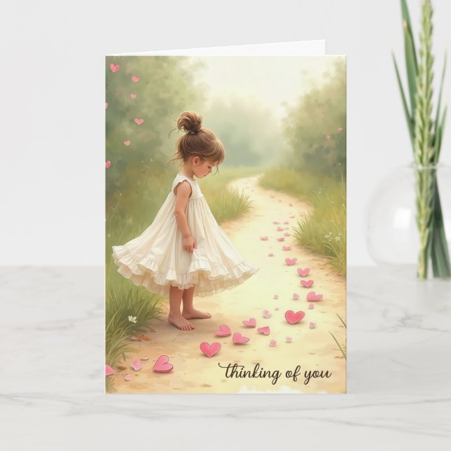 Carte Petite fille aux coeurs roses qui pense à toi (Devant)