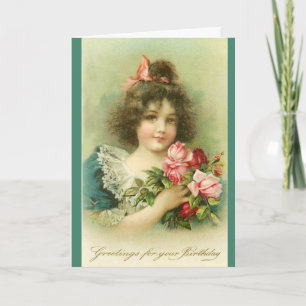 Carte Petite fille aux roses roses roses, Anniversaire