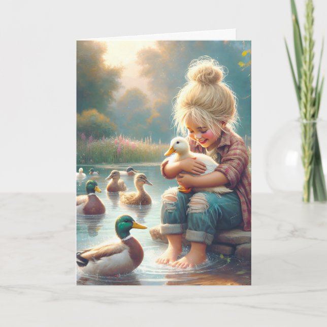 Carte Petite fille avec des canards pour l'anniversaire (Devant)