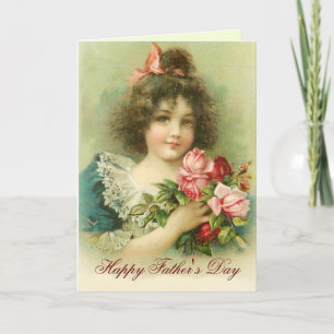 Carte Petite fille avec Fête des pères rose roses