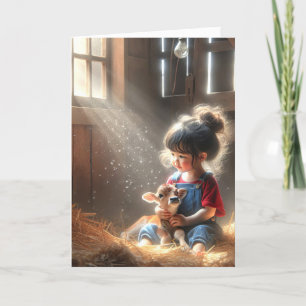 Carte Petite Fille Avec Le Veau Dans La Grange