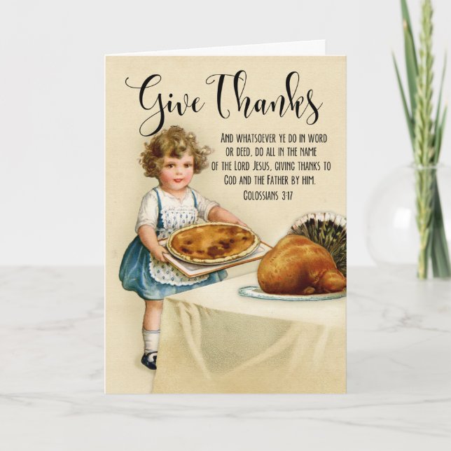 Carte Petite fille avec tarte et Turquie pour Thanksgivi (Devant)