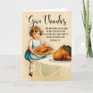 Carte Petite fille avec tarte et Turquie pour Thanksgivi