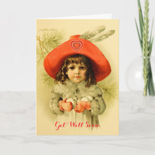 Carte Petite fille, Casquette rouge et boules de neige s