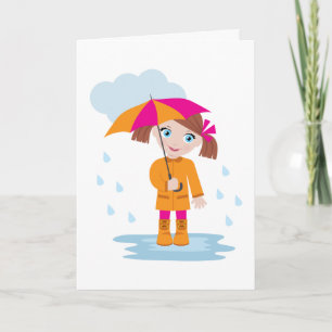 Carte Petite Fille en Imper Orange avec Parapluie Rose