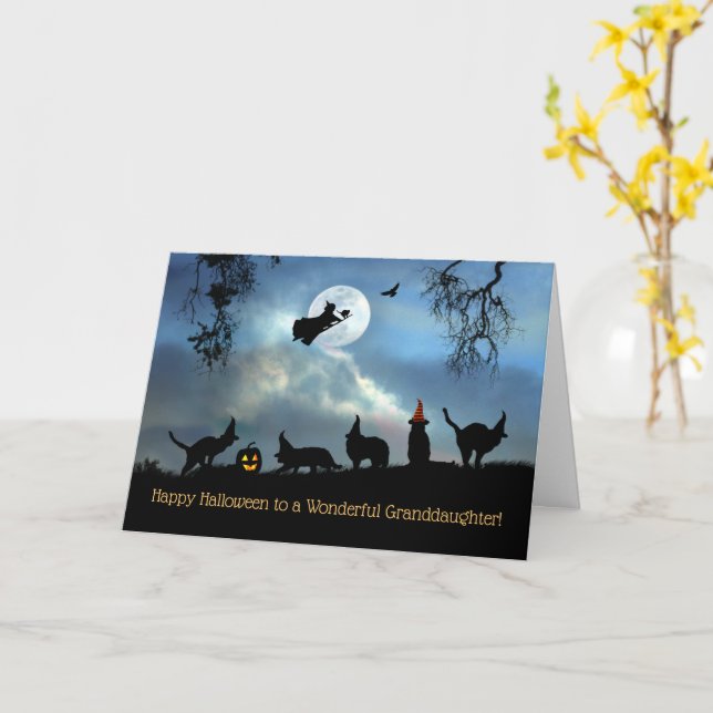 Carte Petite-fille Halloween avec Chats et Sorcière (Fleur jaune)