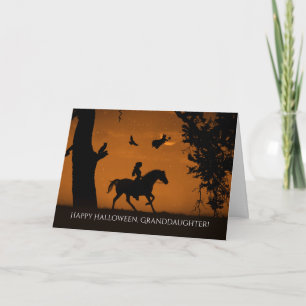 Carte Petite-fille Halloween avec sorcière et cheval