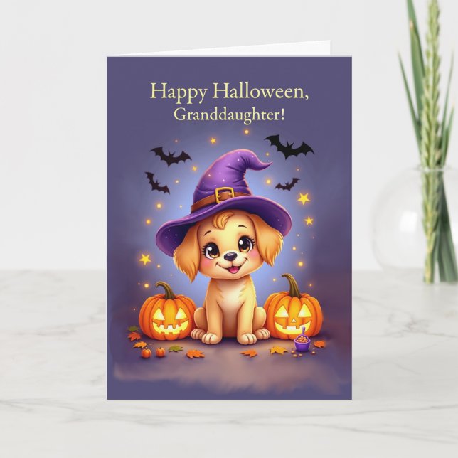 Carte Petite-fille Halloween mignonne chiot en sorcier C (Devant)