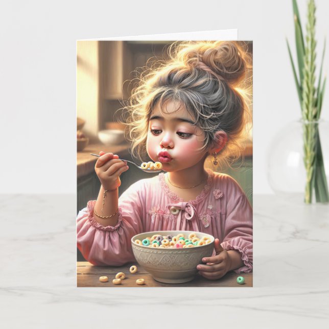 Carte Petite Fille Manger Petit Déjeuner Céréale (Devant)