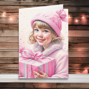 Carte Petite fille mignonne en rose Noël rétro