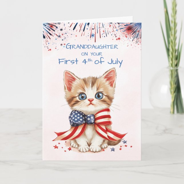 Carte Petite-fille Premier 4 juillet Kitten Drapeau Bow (Devant)