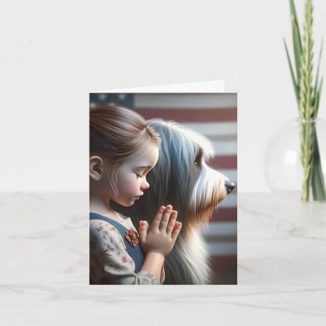 Carte Petite Fille Priant Avec Collie Enclavé (Devant)