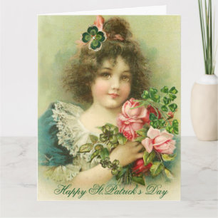 Carte Petite fille Rose et Shamrock St.Patrick's Day
