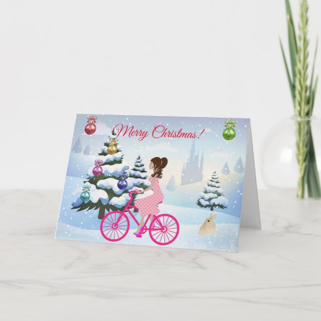 Carte Petite Fille Sur Un Vélo Rose Noël D'Hiver (Devant)