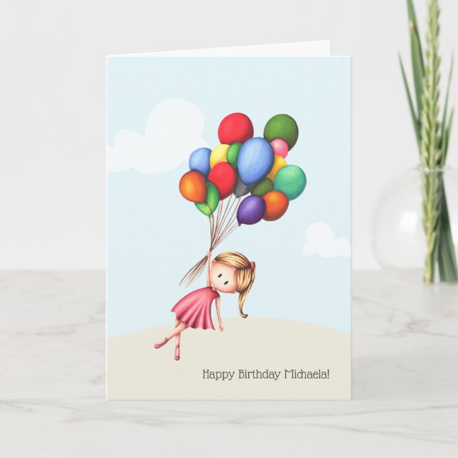 Carte Petite fille tenant de grands ballons Anniversaire (Devant)