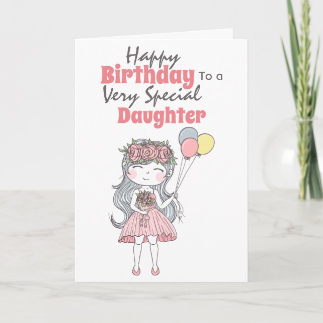 Carte Petite fille tenant des ballons voeux d'anniversai (Devant)