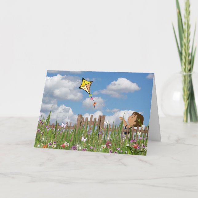 Carte petite fille volant cerf-volant dans le jardin d'é (Devant)