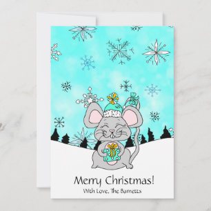 Carte Petite souris de Noël tenant un cadeau