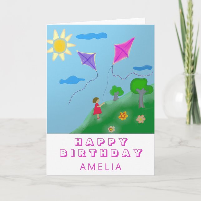Carte Petits cerfs-volants et filles Dessin Joyeux anniv (Devant)