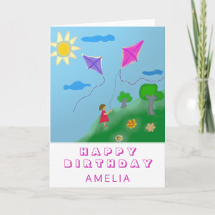 Carte Petits cerfs-volants et filles Dessin Joyeux anniv