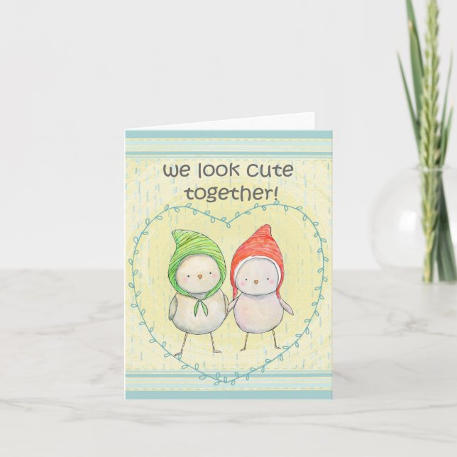 Carte Petits oiseaux mignons à coeur Doux Funny Valentin (Devant)