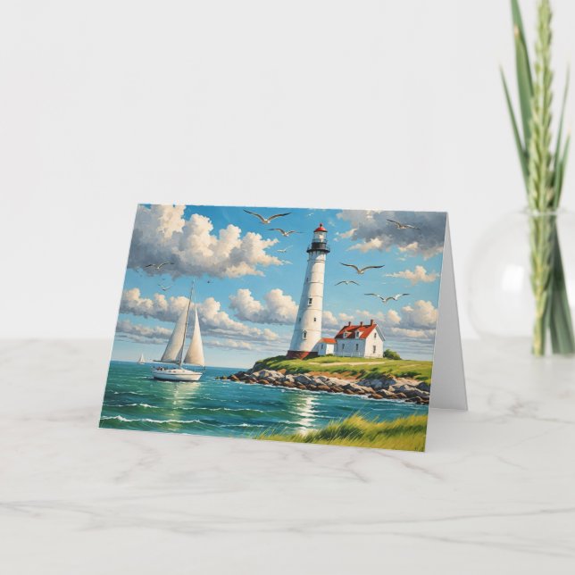 Carte Phare Blanc Anniversaire Avec Voilier (Devant)