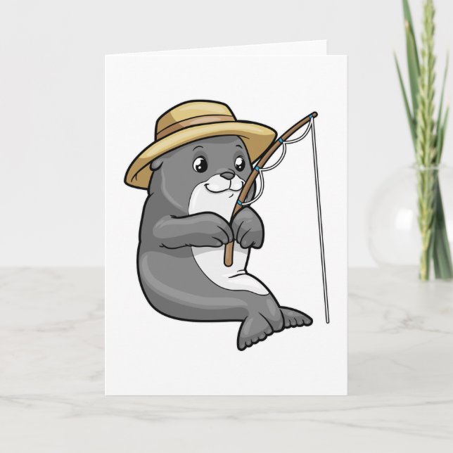 Carte Phoque à la pêche avec canne à pêche et chapeau (Devant)