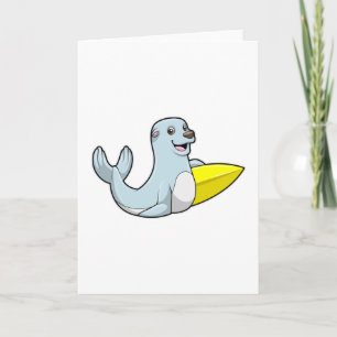 Carte Phoque au surf avec planche de surf