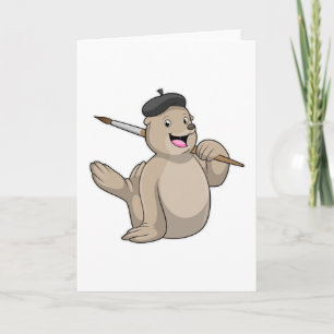 Carte Phoque en peintre avec pinceau
