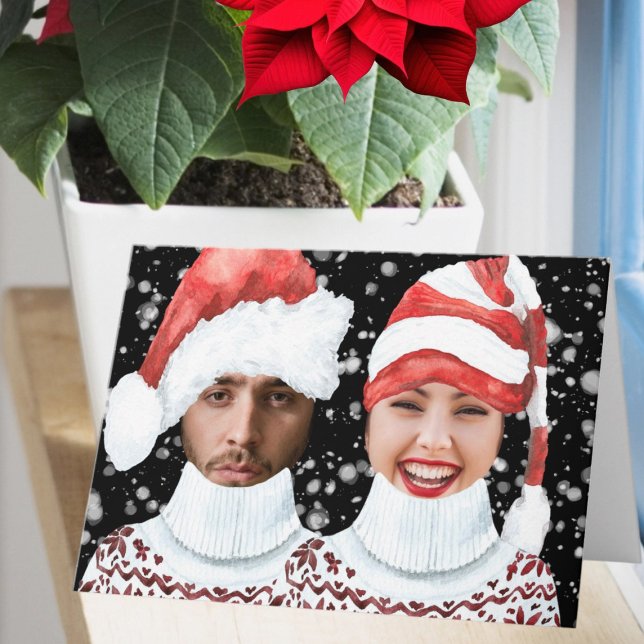 Carte Photo amusante Père Noël et Elf Noël personnalisé (Funny Photo Santa and Elf Personalized Christmas Card by Ricaso. Add your own faces to humorous card)