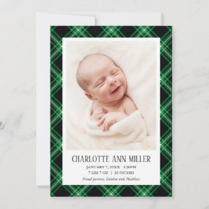 Carte photo bébé Tartan vert