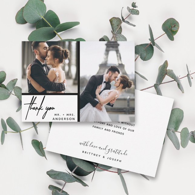Carte Photo blanche moderne Collage Mariage Merci (Two photo hand lettered thank you wedding card with a minimalistic design perfect for any couple.)