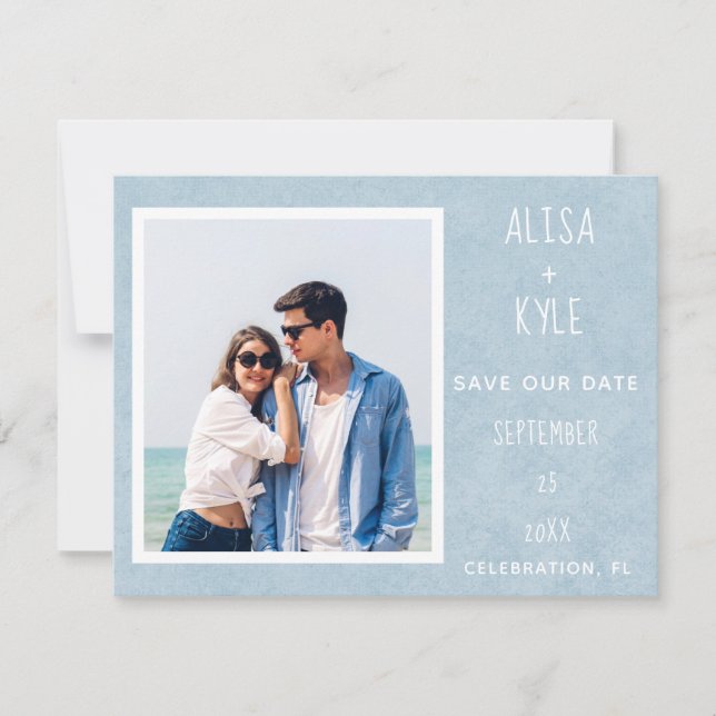 Carte Photo Blue Modern Enregistrer la Date (Devant)