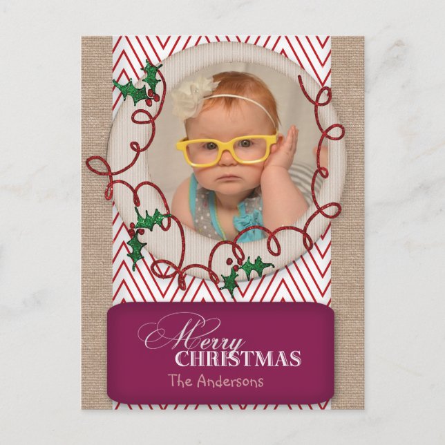 Carte photo Burlap et Red Chevron Christmas (Devant)
