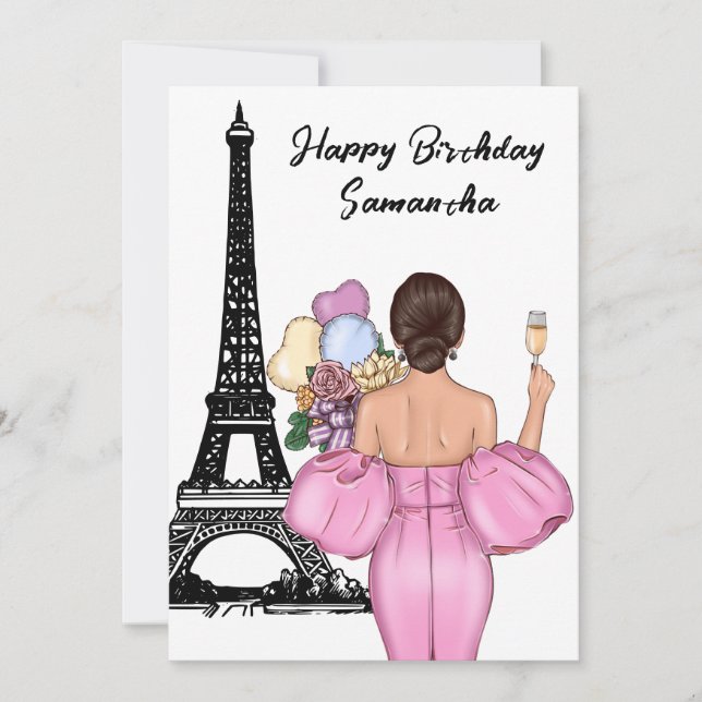 Carte Photo Chic Tour Eiffel Fille Rose Paris Anniversai (Devant)