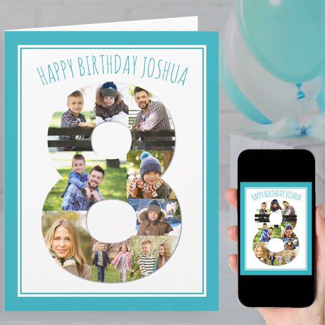 Carte Photo Collage Numéro 8 Blue 8th Birthday Card (Créateur téléchargé)