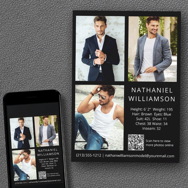 Carte photo Comp Moderne Pro Model Actor QR Code 3 (Customize to change background color, text size, style or to add more photos to back of card.)