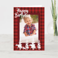 Carte photo d'anniversaire du motif rouge de bûche