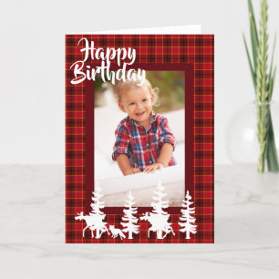 Carte photo d'anniversaire du motif rouge de bûche