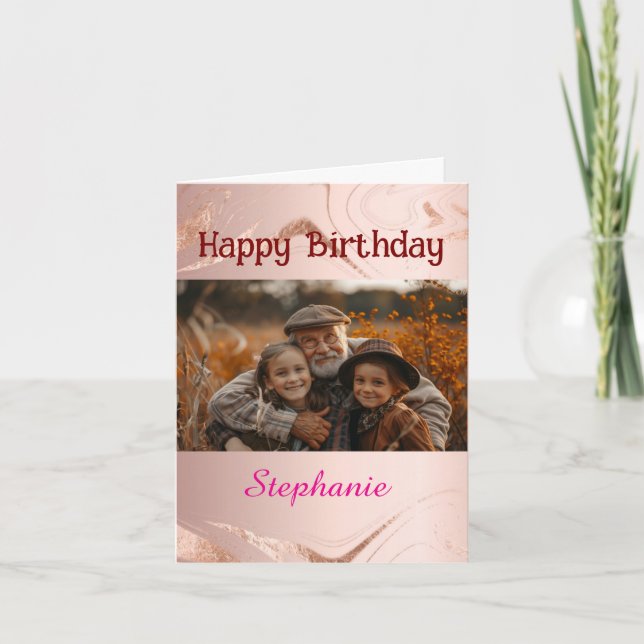 Carte Photo d'anniversaire personnalisée rose en marbre  (Devant)