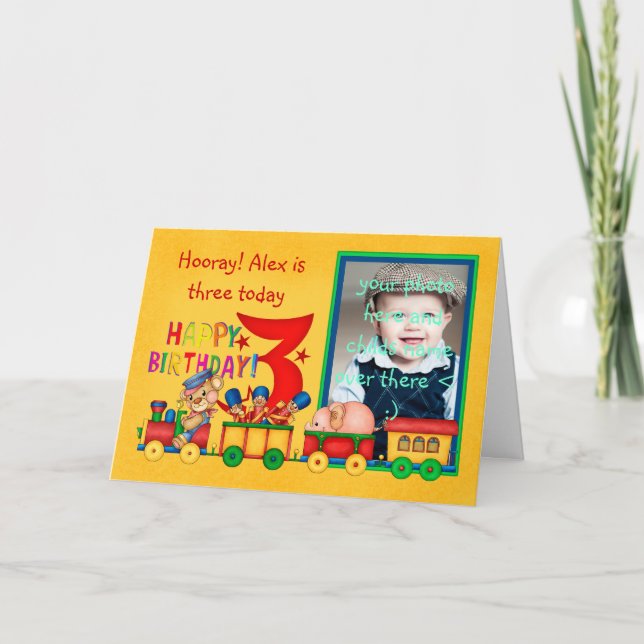carte photo de 3e anniversaire avec train de jouet (Devant)