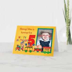 carte photo de 5e anniversaire avec train de jouet