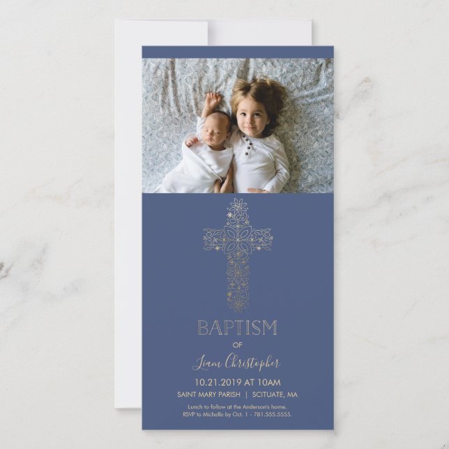 Carte photo de baptême - Invitation avec Croix d'o (Devant)