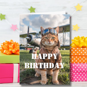 Carte Photo de chat pilote d'anniversaire & Avion drôle