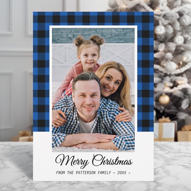Carte Photo de famille Bleu Buffalo Plaid Joyeux Noël (Créateur téléchargé)