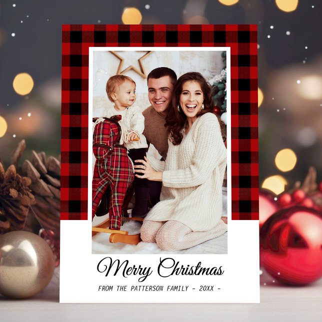 Carte Photo de famille Red Buffalo Plaid Joyeux Noël (Available in high quality print or digital download for quick text messaging, email or self print.)