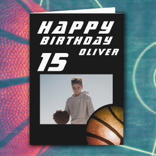 Carte Photo de garçon avec ballon de basket noir Joyeux 