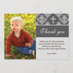Carte photo de gris de baptême de note de Merci de