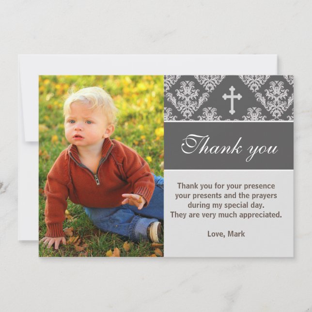 Carte photo de gris de baptême de note de Merci de (Devant)