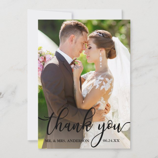 Carte photo de Mariage de script noir Merci élégan (Devant)